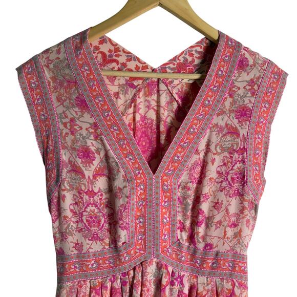 Rebecca Taylor Dreamweaver Pink Boho Printed Sleeveless Silk V-Neck Dress Size 6 - Picture 4 of 10